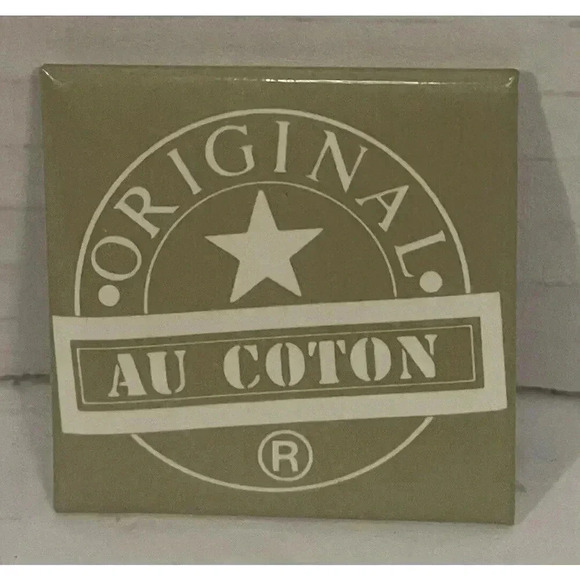 Vintage 1980s Au Coton Original Square Pinback Button Taupe‎ Pin 1.5” Canada - Picture 1 of 2